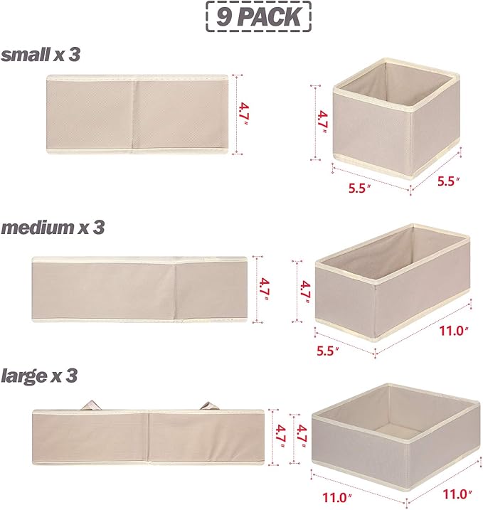 DIOMMELL 9 Pack Foldable Cloth Storage Box Closet Dresser Drawer Organizer Fabric Baskets Bins Containers Divider for Baby Clothes Underwear Bras Socks Lingerie Clothing,Beige 333