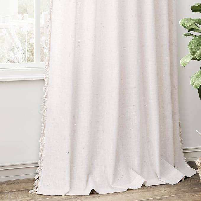 Boho Linen Curtains 90 Inches Long 2 Panels Cream Beige Semi Sheer Curtains Tassel Rod Pocket Back Tab Top Light Filtering Neutral Farmhouse Curtain for Living Room Bedroom 38x90