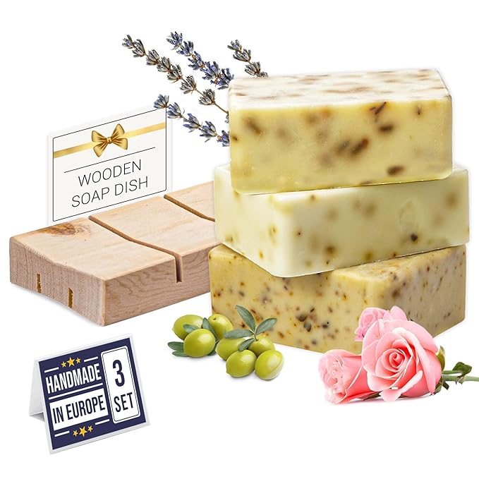 All Natural Set of Soap Bars, Rose, Lavender, Olive Oil with Wooden Soap Dish, Assortment of Natural Hand-Made Soaps, Made in Europe