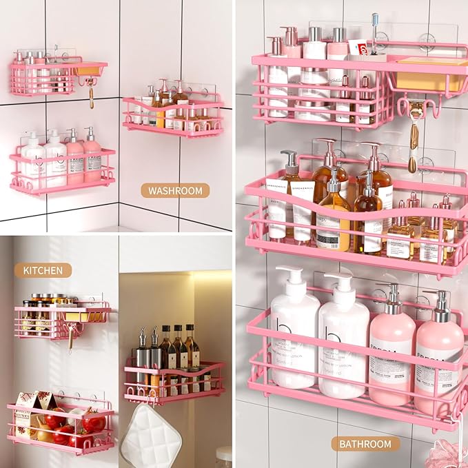 Adhesive Shower Caddy-Rustproof, No Drilling Pink Shower Shelves for Bathroom - Large Capacity with Soap Holder, Pink Bathroom Decor