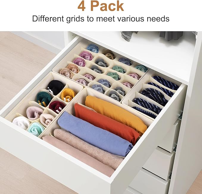 Drawer Organizer Divider, Foldable Closet Storage Organizer Basket, and Fabric Organization Bins for Clothes, Socks, Underwear, Bras, Ties, Accessories, 8 Pcs (Beige & Dark Grey)