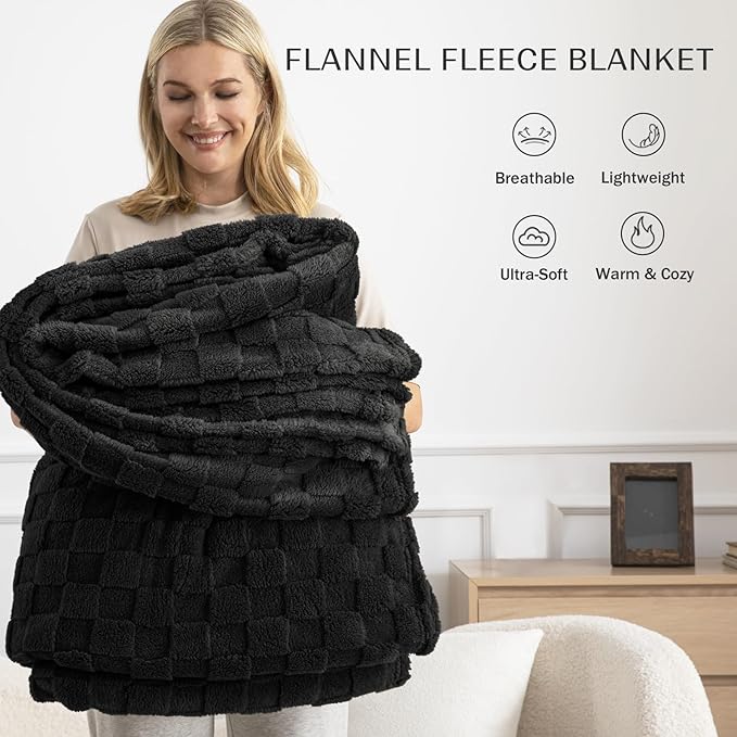 Exclusivo Mezcla Fleece Throw Blanket for Couch,Super Soft and Warm Lightweight Checkered Pattern Blankets for All Seasons, 50x60 Inches, Black