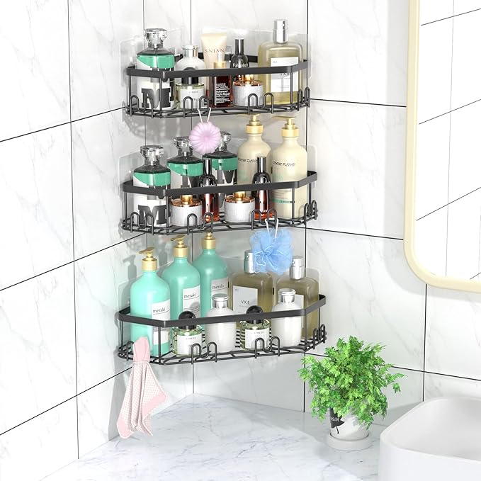 STEUGO Corner Shower Caddy, 3 Pack Adhesive Shower Corner Organizer Shelves, No Drilling Stainless Steel Shower Storage Rack with 12 Hooks for Bathroom, Dorm and Kitchen (Matte Black).
