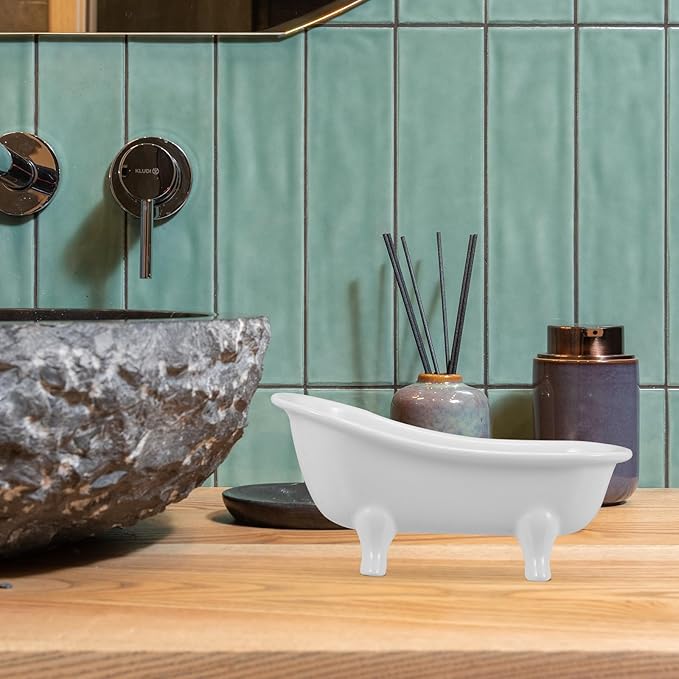 VOSAREA Ceramic Mini Bathtub Soap Dish Clawfoot Bathroom Soap Dish Succulent Pot Bonsai Cactus Flower Pot Vase Holder Makeup Organizer Container Hamster Bathtub Bar Soap Tray