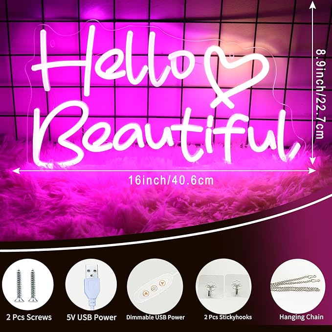 Hello Beautiful Neon Signs, Led Neon Light for Wall Decor for Bachelorette Party Birthday Engagement Party Wedding Decoration with Switch 16 x 8.9''(Pink + Warm White Heart)