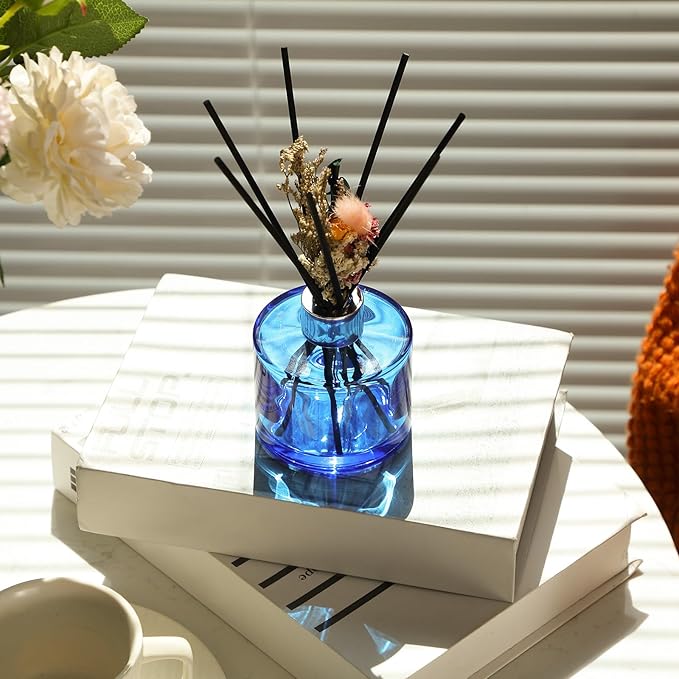 Rtteri 2 Reed Diffuser Sets Flower Oil Diffuser Sticks with Refill Empty 5oz Bottles Scent Glass for Fragrance Home Bathroom Gifts, Oil Not Included(Blue Color)