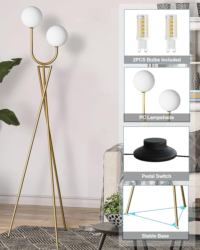 Lightdot Gold Floor Lamp Mid Century Tripod Floor Lamp with U-Stylish 2-Lights with 2Pcs 3000K G9 Bulbs Tripod Standing Lamps with Stable Base for Living Room/Sofa Sides/Corners