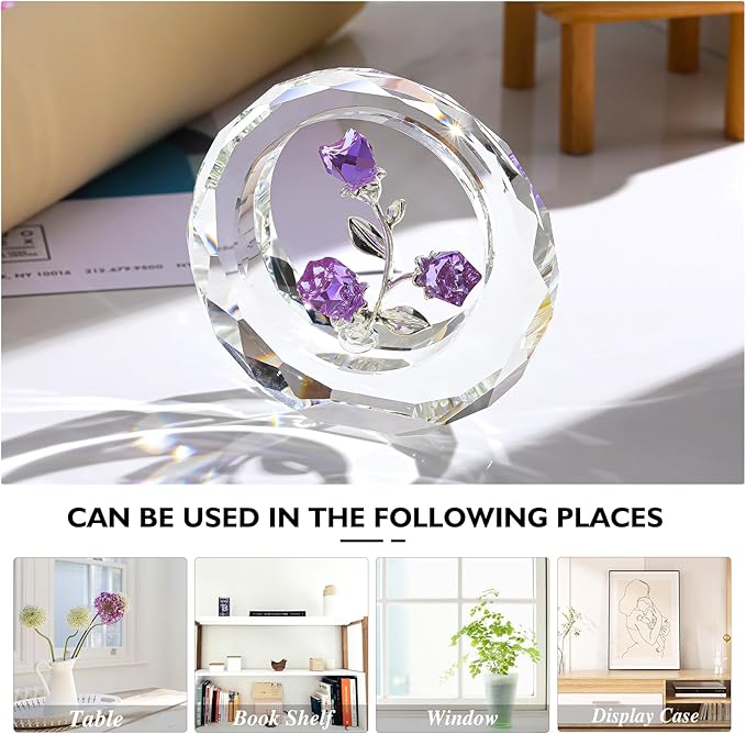 Crystal Purple Rose Bouquet Figurines Glass Flowers with Stems Valentines Anniversary Rose Gifts for Girlfriend Wife, Purple Crystal Rose in Glass Ring Collectible Figurines Forever Roses Decor