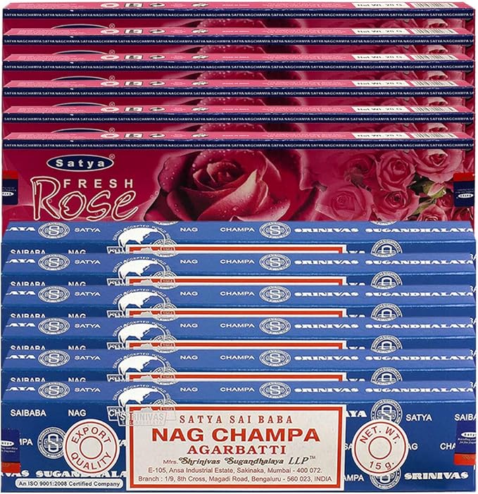 Nag Champa Incense Sticks and Fresh Rose Incense Sticks with Incense Holder Bundle for Home Fragrance and Spiritual Décor