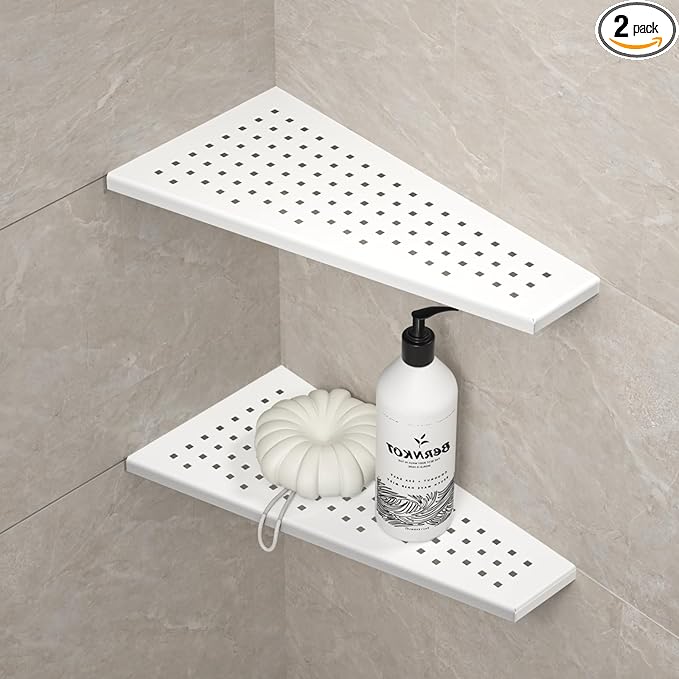 Corner Shower Shelf, 12" Trapezoid Bathroom Shelf 304 Stainless Steel Grout in Shelf for Tiled Wall, No Drilling Needed (White, 12"-2 Pack)