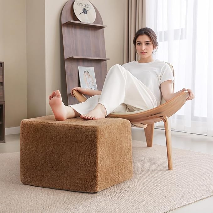 Tiita Pouf Ottoman and Foot Rest, Square Foam Stuffed Floor Pouf with Storag for Living Room, Brown