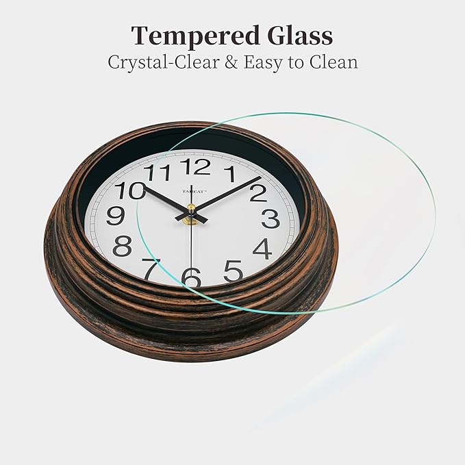 TAHEAT 8.5 Inch Wall Clock, Battery Operated Silent Non Ticking - Vintage Gold Copper Kitchen Clock for Living Room, Bedroom, Office, Bathroom - Easy to Read Retro Decorative Wall Clocks