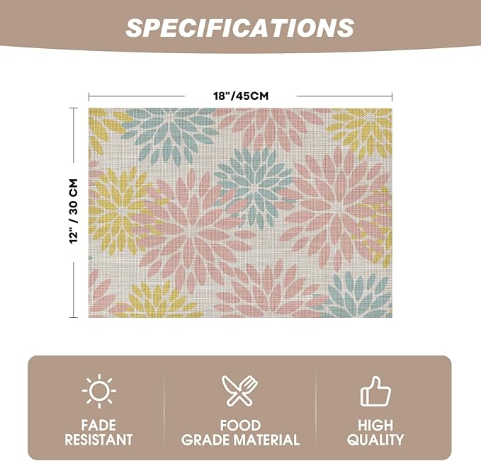 Artoid Mode Floral Vinyl Placemats Set of 4, 12x18 Inch Heat Resistant Washable Non-Slip Plistic PVC Place Mats for Party Kitchen Dining Decor, Pink Blue