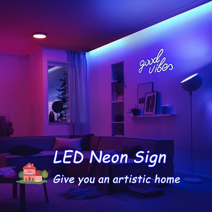 Good Vibes Neon Sign, LED Neon Signs for Wall Decor, Blue Neon Lights for Bedroom & Party Art Decor, USB Powered Bright Neon Light for Lover, Friends