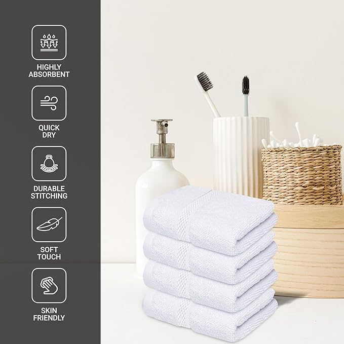 Infinitee Xclusives Premium 100% Cotton Wash Cloths for Showering - Pack of 4, (12x12) Inches - Highly Absorbent, Soft Face Towels, Washcloths Perfect for Bathroom, Hotel, Gym |Brilliant White|