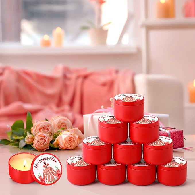 12 Sets Quinceanera Party Favor for Guests Include 12 Mis Quince Años Candles Set Soy Tealight Candles Thank You Card Organza Bag 15th Sweet Birthday Parties Quinceanera Party Souvenir (Red)
