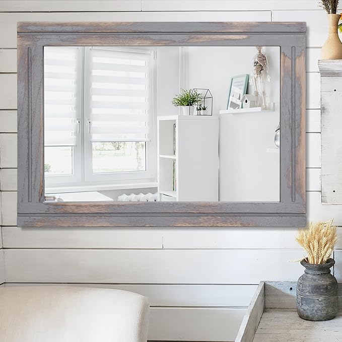 AAZZKANG Wood Framed Mirror Rectangular Rustic Wall Mirrors Decorative Large 26"x18" for Farmhouse Bathroom Living Room Bedroom Grey