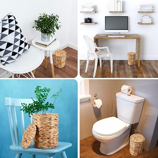 Ctosree 4 Pcs 1.3 Gallon Small Wicker Trash Can with Lid Rattan Trash Can Woven Waste Basket Bathroom Boho Basket Garbage Bin with 200 Pcs Bags for Bedroom Bathroom Office Garbage Living Room Kitchen