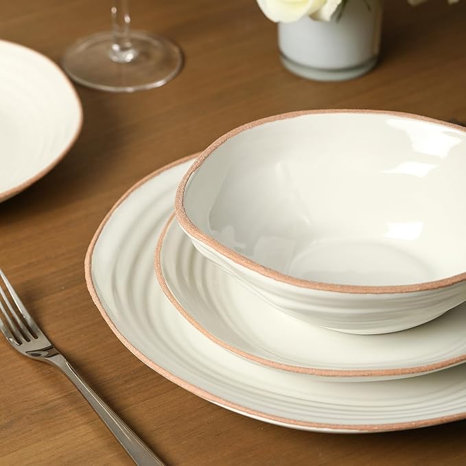 Stone Lain Nami 24-Piece Dinnerware - Stoneware, Plates and Bowls Set, Microwave and Dishwasher Safe, Dish for 8, White