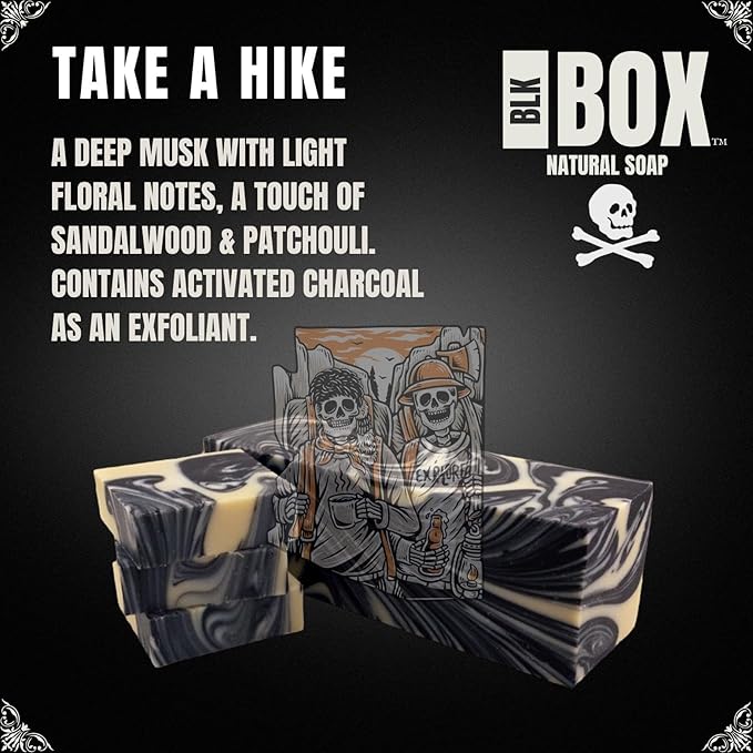 Black Box - USA MADE 5oz Men's Natural Bar Soap Made from Moisturizing Natural Oils - Handmade Cold Process Soap No Harsh Chemicals - Activated Charcoal, Musk, Sandalwood (TAKE A HIKE)