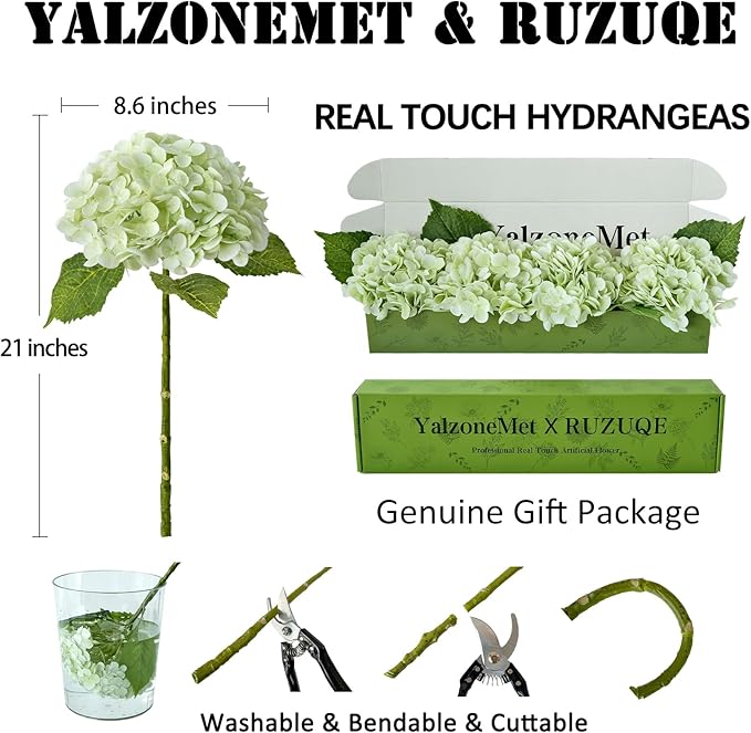 YalzoneMet 4Pcs Light Green Hydrangea Artificial Flower Natural Lifelike Real 21 inch Long Stem Hydrangea Latex Flower Bouquets for Home Party Outdoor Wedding Table Centerpiece Decor