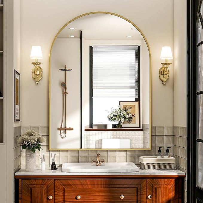 Arch Bathroom Mirror, 24x36 Inch - Wall Mounted Vanity Mirror with Aluminum Alloy Frame - Ideal for Living Room, Bedroom, Bathroom, and Entryway, Hanging or Leaning, Gold