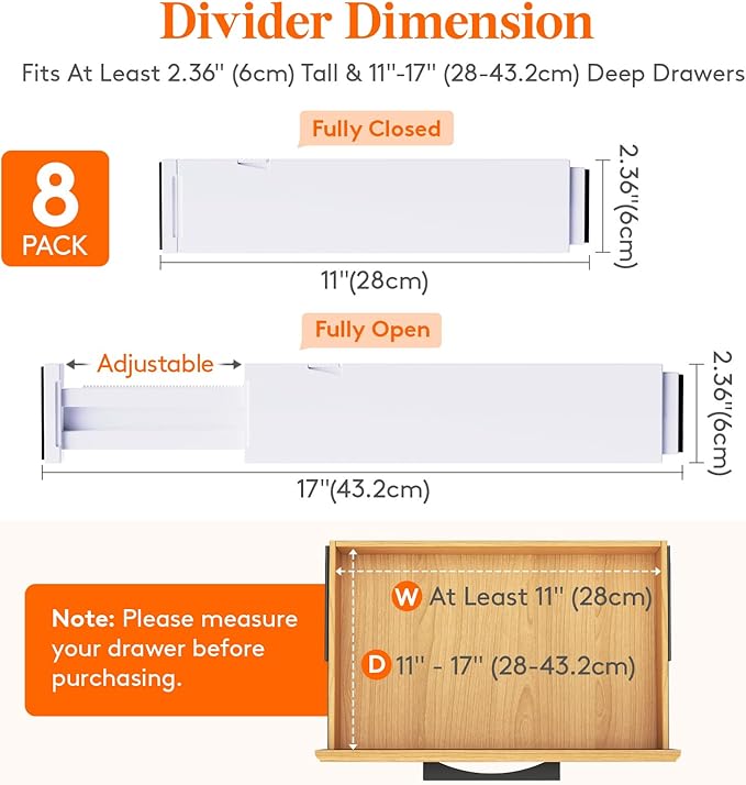 Lifewit 8 Pack Kitchen Drawer Dividers 2.36" High, 11"-17" Adjustable Drawer Organizer for Utensils/Clothes/Makeup, Plastic Expandable Separators in Dresser/Bedroom/Bathroom/Office Storage