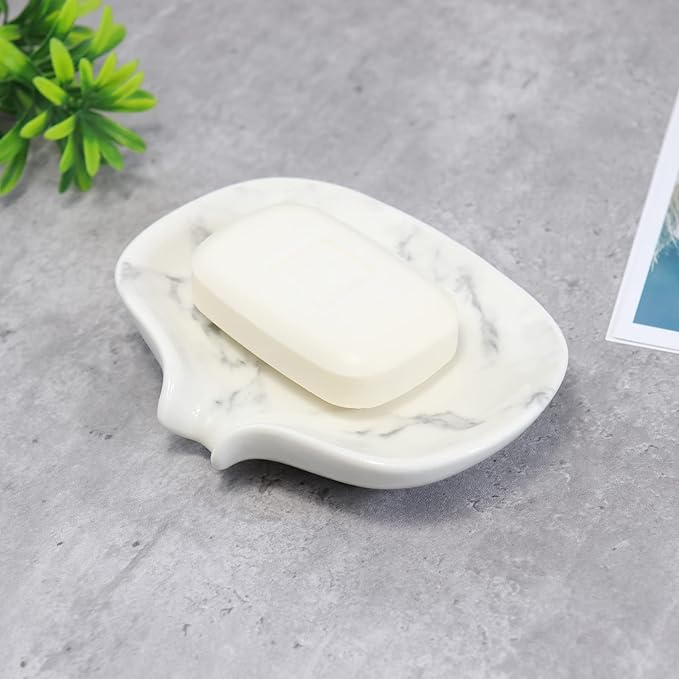White Marble Texture Soap Dish Ceramic Soap Holder Self Draining Soap Dish Waterfall Slot Sponge Holder Bathroom Accessories for Bathroom, Kitchen,Bar Counter.