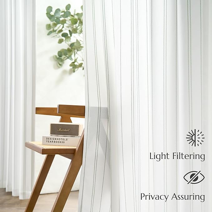 jinchan Green and White Striped Curtains 96 Inches Long for Living Room Bedroom Green on White Curtains Pinstripe Drapes Privacy Light Filtering Rod Pocket Modern Window Treatments Set 2 Panels