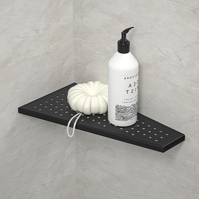 Corner Shower Shelf, Matte Black 12" Trapezoid Floating Shampoo Shelf, 304 Stainless Steel Grid Design Recessed Bathroom Shelf for Tiled Wall, No Drilling