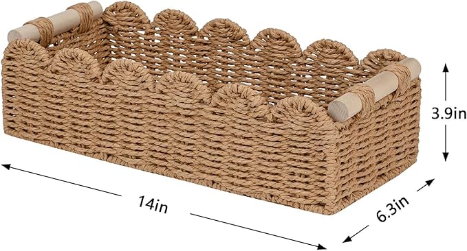 CubesLand Paper Rope Scalloped Edge Toilet Paper Storage Basket, Small Living Room, Bedroom Decor Baskets for Over Toilet Storage Shelf, End Table, Shelves and More, with 2 Wooden Handle, Neutral