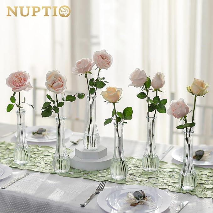 NUPTIO Glass Bud Vases Centerpiece: 3 Pcs Small Flower Vase for Wedding in Bulk - Cute Clear Ribbed Vase for Party Events Home Table Decor
