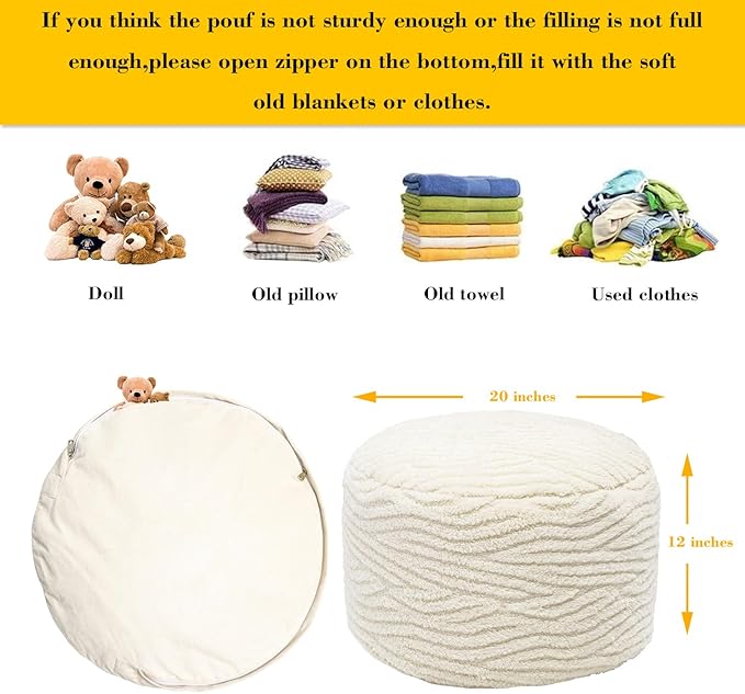 Asuprui Pouf Ottoman Stuffed Modern Foam Ottoman Foot Rest 20x20x12 Inches Floor Pouf Round Pouf Seat Floor Bean Bag Chair Foldable Floor Chair Storage for Living Room Bedroom Ivory Pouf with Filler