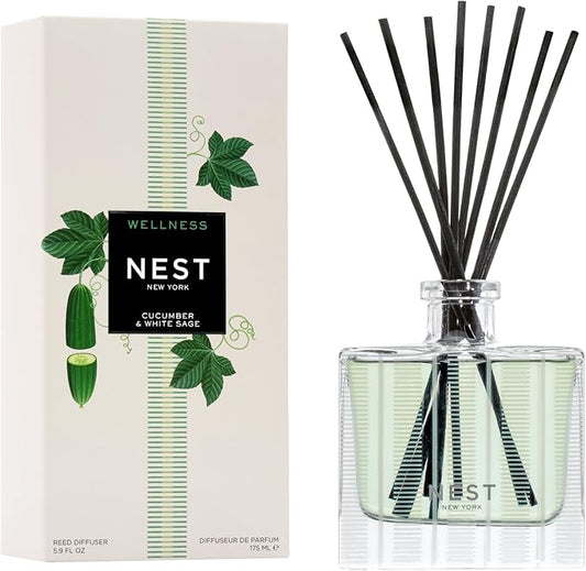 NEST New York Reed Diffuser, Cucumber & White Sage - 5.9 fl oz - Fragrance for Up to 90 Days - Reusable, Refillable Glass Holder - Includes 8 All-Natural Reed Sticks - Flame Free