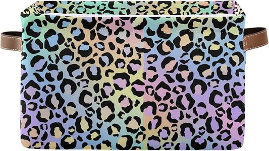 Leopard Storage Basket Fabric Storage Bin Decorative Baskets, Yellow Purple Green Foldable Storage Boxes Organizer Bag for Baby Cloth Dog Toy Book Storage Cubes Shelf Closet Basket 16×12×8 Inches