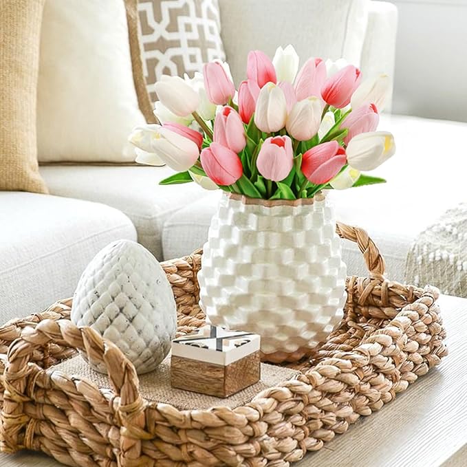 Beferr 18pcs Tulips Artificial Flowers Faux Tulip Real Touch Tulip Fake Flowers Bouquets Arrangements for Mothers Day Spring Easter Wedding Home Table Decor Coral Pink