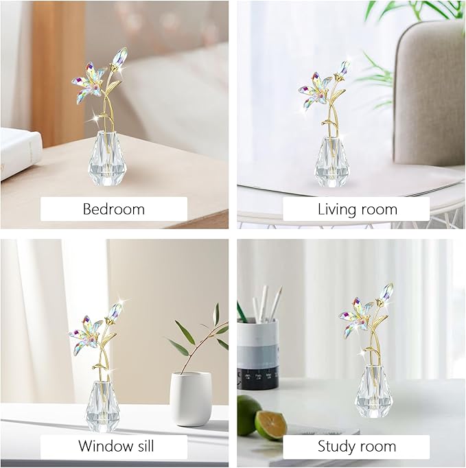 Crystal Lily Figurine, Glass Flowers with Stem,Flower Collectible Gifts for Woman, Wedding Party Decor(Transparent)