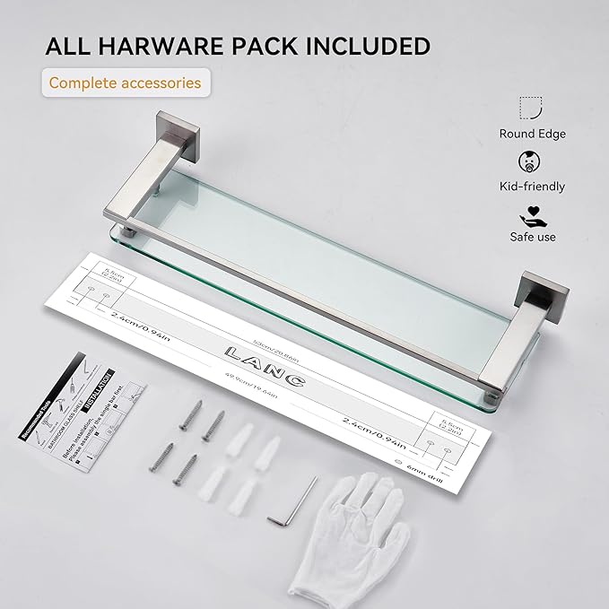 Bathroom Shelves Glass Shelf 20-Inch Brushed Nickel Floating Tempered Glass Shelf Rectangular Modern Stainless Steel Wall Mount Shelves for Shower Bathroom Kitchen Organizers Accessories,A7613BN