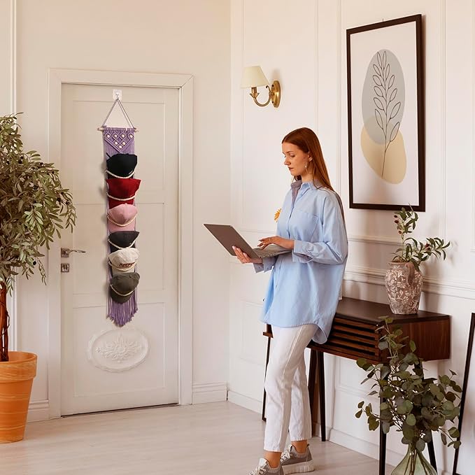 Ball Cap Hanger-1 Pack-Boho Macrame Cap Holder Wall Hat Organizer for Baseball Cap Holder Over Door, Hat Rack for Wall, Cap Rack for Decoration and Display(purple)