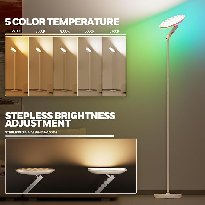 HONEYWELL Floor Lamps for Living Room- F2 Sunturalux™ 2 in 1 40w/3000lm 10.83'' Panel Super Bright Led Floor Lamp with Remote Control,Modern Tall Lamp 6 RGB Modes Standing Lamp for Bedroom,Office