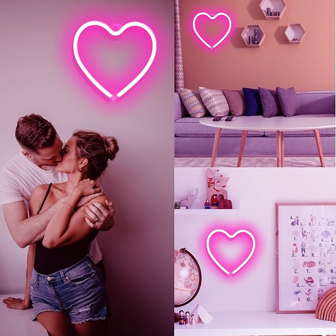 Pink Heart Neon Sign for Valentine's Day, Led Light 8.78.7 Inch Battery or USB Powered Romantic Love Lamp for Bedroom Wall Decor Art Kids Girl Room Wedding Party