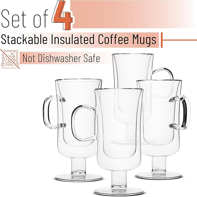 BTaT- Irish Coffee Mug, Coffee Glass, Set of 4 (10oz, 300ml), Double Wall Glass Irish Coffee Cup, Tea Cups, Latte Cups, Glass Coffee Mug, Beer Glasses, Latte Mug, Clear Mugs, Christmas Gifts