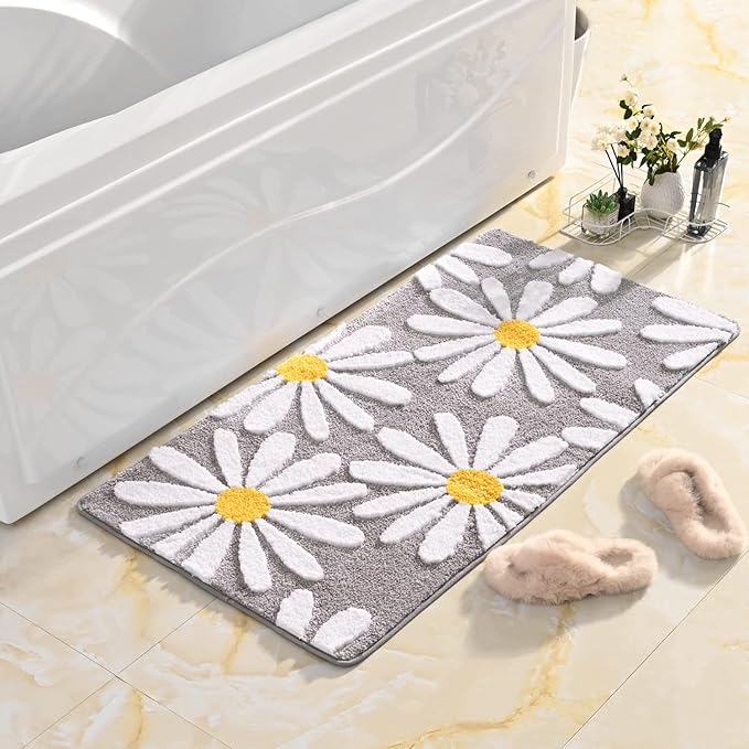 QJHOMO Gray Bathroom Rugs Cute Daisy Bath Mat White and Yellow Flower Decor Rug Non Slip Floor Carpet Microfiber Bathmat Super Absorbent Machine Washable Bathtub Mats for Shower (24x48 inch)