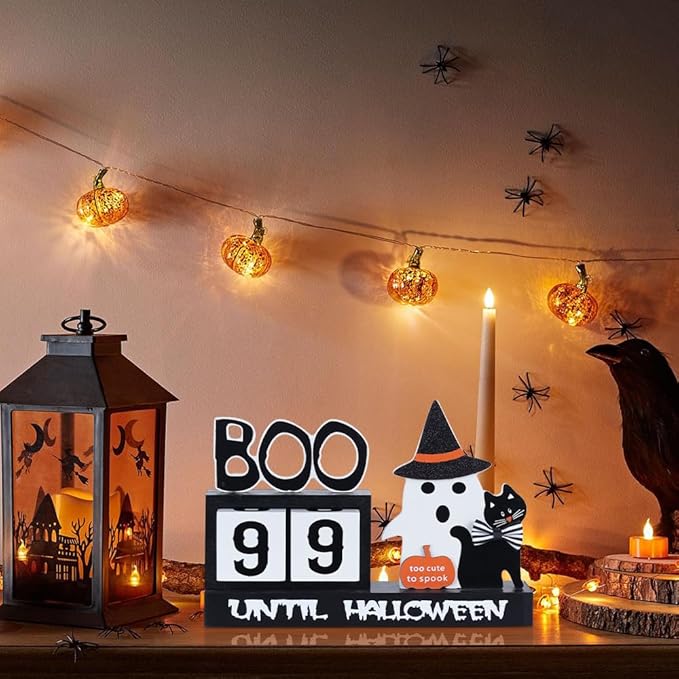 Halloween Decorations Indoor, DECSPAS Wood Halloween Countdown Calendar Halloween Decor, Two Movable Numeral Blocks for Counting 99 Days to Halloween, Ghost Ornaments Boo Sign Halloween Room Decor