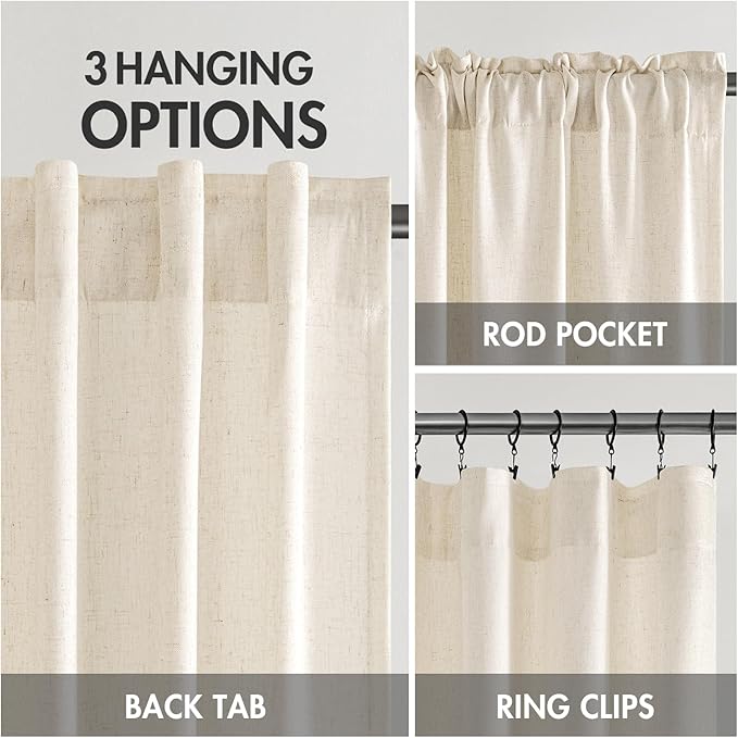 MIULEE Non-See-Through Privacy Linen Curtains 2 Panels, Light Filtering Window Curtains Farmhouse Textured Back Tab Semi Sheer Drapes for Bedroom Living Room, 52 x 72 Inches Long, Cream Ivory