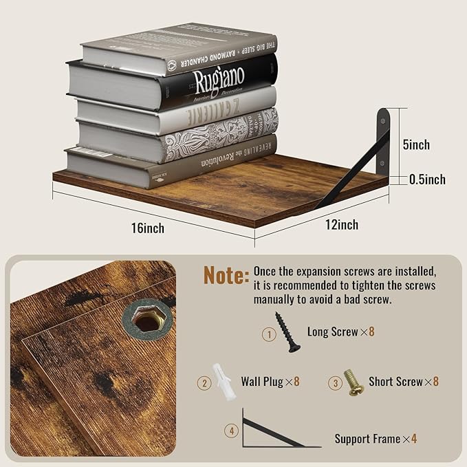 Deep Floating Shelves for Wall, 16W x 12D Wood Wall Shelves Set of 2, Rustic Wood Floating Shelves, Wall Mounted Hanging Shelf for Living Room, Kitchen, Office, Bathroom and Bedroom Decor