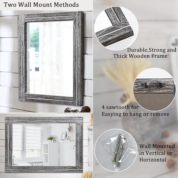 AAZZKANG Rustic Mirror Large 26"x18" Wood Framed Wall Mirrors Rectangle for Bedroom Bathroom Farmhouse Living Room Home Entryway Hanging