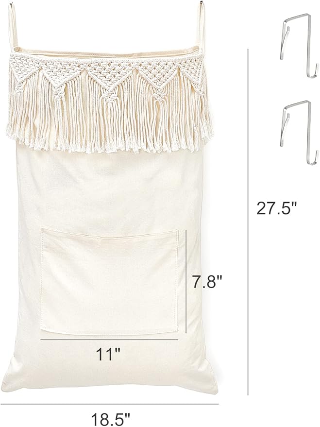 Mkono Macrame Hanging Laundry Hamper with Over The Door Hooks Saving Space Laundry Bag with Zipper and Wide Open Top Boho Decor Hanging Dorm Dirty Clothes Basket, for Bathroom Dorm Home Travel