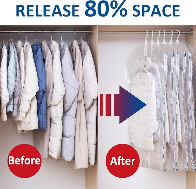 Hanging Vacuum Storage Bags, 6 Pack Hanging Storage Bags for Clothes With Electric Pump, Vacuum Sealed for Suits, Dress, Jackets (6 Short)