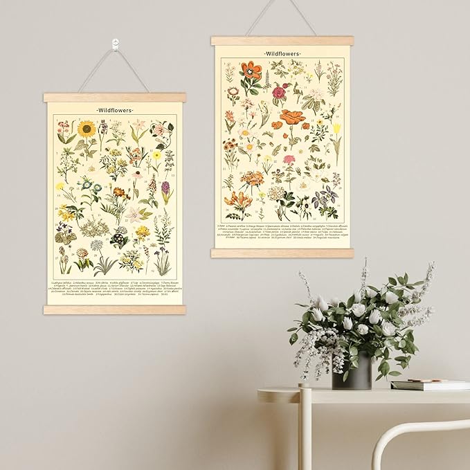 Chenkaiyang 2 Pcs Vintage Hanging Poster,Flowers Wall Hanging Botanical Rustic Retro Wall Art Prints Flower Chart Posterfor Living Room Decor,12.7 X 21.6 Inch